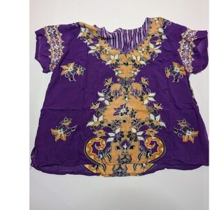 Aladdin Baju Batik Purple Floral Print Blouse Short Sleeve Top Made in Indonesia